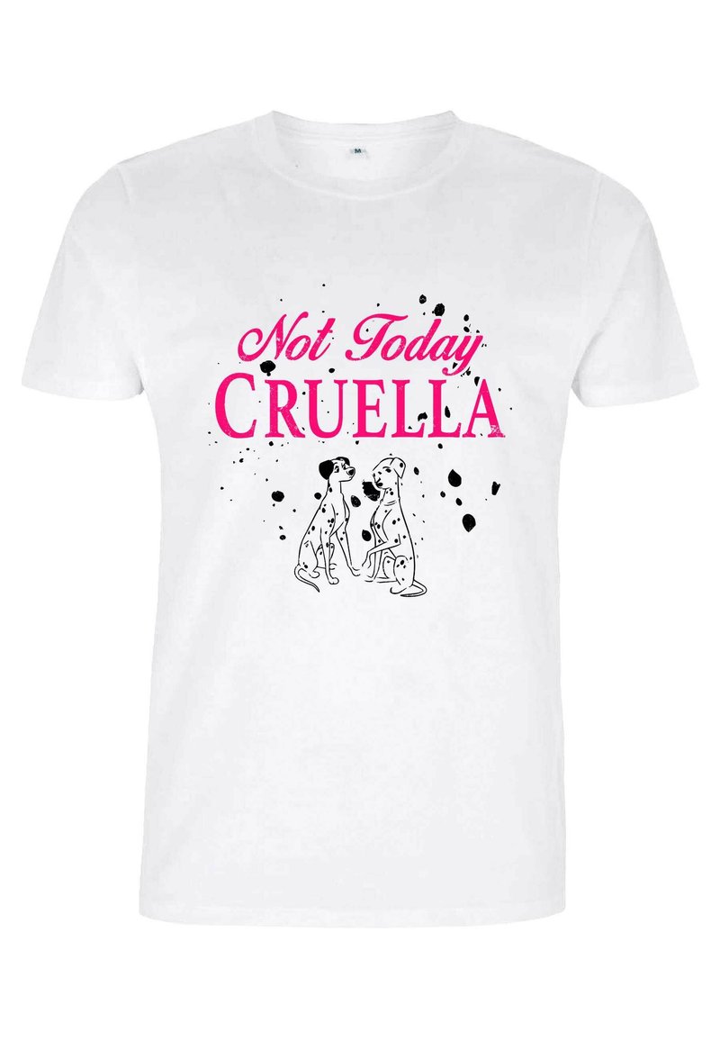 White cotton t-shirt featuring black and pink text "Not Today CRUELLA" with two illustrated dogs and black splatter accents.
