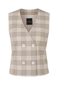 Beige karierter, doppelt knöpfbarer Gilet mit tiefem V-Ausschnitt, ausgestattet mit weißen Knöpfen und einer glatten Textur. Taillierte Passform und minimalistisches Design.