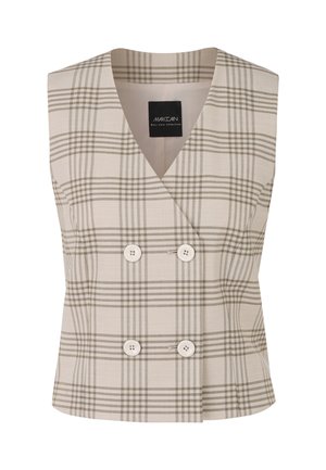 Beige karierter, doppelt knöpfbarer Gilet mit tiefem V-Ausschnitt, ausgestattet mit weißen Knöpfen und einer glatten Textur. Taillierte Passform und minimalistisches Design.