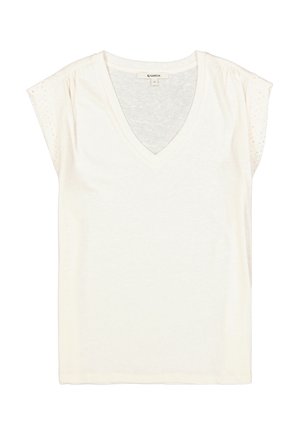 T-shirt crème à col en V en tissu doux, avec des manches courtes ornées de détails subtils en œillets, léger et à coupe décontractée.