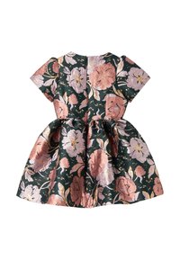 Virágmintás sötétzöld ruha, őszibarack és arany virágmintákkal; rövid ujjú, bő szoknya és hátul zipzárral.