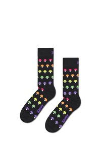 Černé ponožky s barevným vzorem houbových motivů v červené, oranžové, žluté, zelené, modré a fialové. Text "ŠŤASTNÝ" fialovou barvou na špičkách.