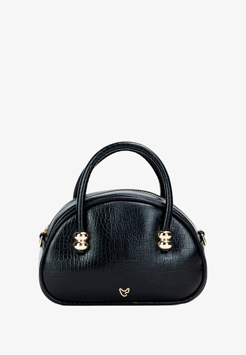 Czarna torebka z wytłoczonego na krokodyla materiału o zaokrąglonym kształcie. Posiada złote wykończenia, podwójne uchwyty oraz zamek błyskawiczny. Gładka tekstura.