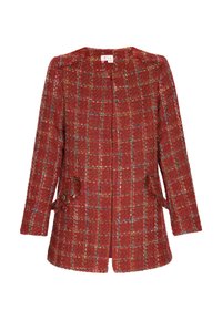 Giacca in tweed rosso con motivo a quadri, design dritto e due tasche frontali. Presenta un colletto rotondo e dettagli con bottoni.