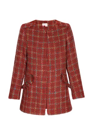 Jachetă din tweed roșu, cu un model în carouri, design drept, și două buzunare frontale. Prezintă o linie a gâtului rotundă și accente cu nasturi.