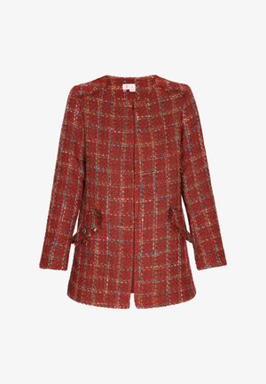Red tweed jacket with a checked pattern, straight-cut design, and two front pockets. Features a round neckline and buttoned accents.