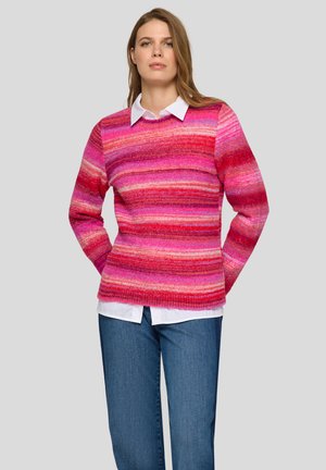 Gestrickter Pullover mit markanten horizontalen Streifen in verschiedenen Rosa- und Rottönen, mit legerer Passform und geripptem Muster.