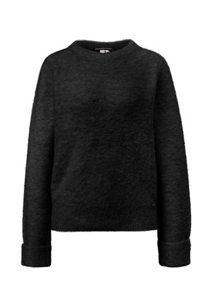 Zwarte fuzzy trui met lange mouwen, ronde halslijn en geribbelde boorden en onderkant.