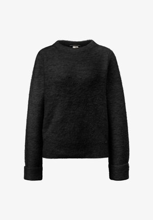 Zwarte fuzzy trui met lange mouwen, ronde halslijn en geribbelde boorden en onderkant.