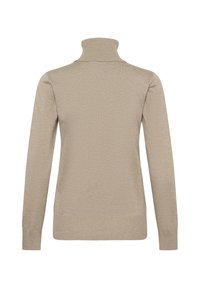 Pull à col roulé beige avec manches longues, texture côtelée et poignets ajustés. Design épuré avec un col montant, sans motifs ni graphismes visibles.