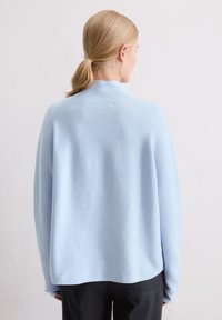 Maglione azzurro chiaro realizzato in morbido tessuto a maglia, caratterizzato da una vestibilità comoda, maniche lunghe e un collo alto con una superficie liscia.