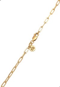 Guldpläterad kedjebracelet med rektangulära länkar, en kräfta lås och en cirkulär tagg med "Elli" ingraverat. Slät yta, minimalistisk design.