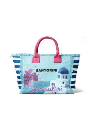 Borsa tote in tela con sfondo azzurro chiaro, manici rosa, dettagli a righe e un motivo floreale con il testo "Santorini" e "Braccialini."