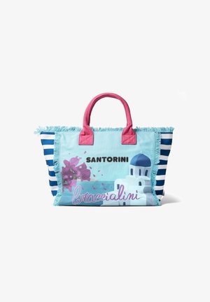 Canvas schoudertas met een lichtblauwe achtergrond, roze handvatten, strepenaccenten en een bloemenontwerp met de tekst "Santorini" en "Braccialini."