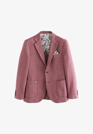 Herringbone patterned blazer in dusty rose with two front pockets, black buttons, and a floral patterned lining and pocket square.