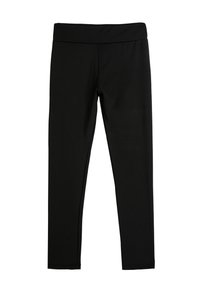 Sorte leggings lavet af strækbart stof, med en bred talje og en glat, ensartet overflade. Ingen mønstre eller metaldele synlige.