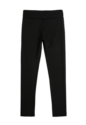 Sorte leggings lavet af strækbart stof, med en bred talje og en glat, ensartet overflade. Ingen mønstre eller metaldele synlige.