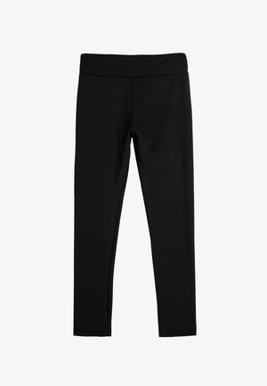 Sorte leggings lavet af strækbart stof, med en bred talje og en glat, ensartet overflade. Ingen mønstre eller metaldele synlige.