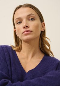 Lila V-ringad tröja med ribbat mönster, långa ärmar och en avslappnad passform. Subtila högdagrar framhäver tygets mjukhet.