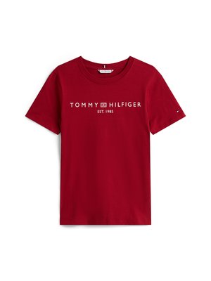 T-shirt in cotone rosso con collo a giro, maniche corte e logo "TOMMY HILFIGER EST. 1985" in bianco sulla parte anteriore.