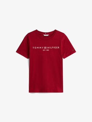 Red cotton T-shirt featuring a crew neck, short sleeves, and "TOMMY HILFIGER EST. 1985" logo in white across the front.