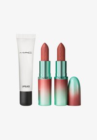 MAC Lipglass-tube in helder met zwarte dop, twee lipstick-ovalen in verlopen kleurtinten van rood naar teal met afgeronde toppen en merkaccents.