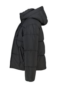 Veste doudoune noire avec capuche, présentant un design matelassé, une isolation épaisse et une fermeture à glissière unique. Texture douce et mate.