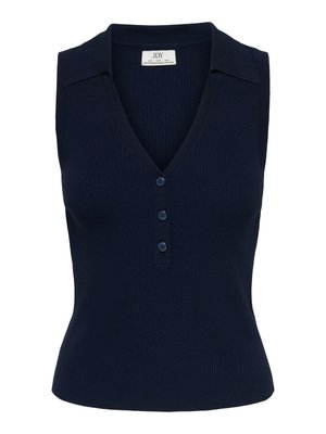 Hihaton tummansininen ribbineulottu paita, jossa on kaulus, syvä V-pääntie ja kolme etunappia.