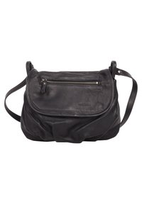 Black leather crossbody bag with a soft texture, zippered front pocket, and adjustable strap. Features a slouchy design and subtle branding.