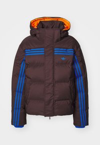 Pruun kapuutsiga polsterdatud jakk siniste triipudega õlgadel ja varrukatel, oranži sisemise voodriga ning eest lukuga.