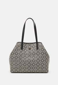 Tote bag with a diamond-patterned woven fabric in black and white, featuring black leather handles and a branded metal logo accent.