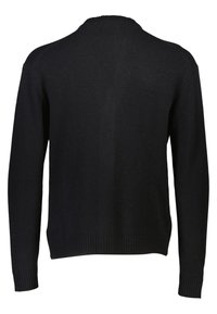 Svart tröja med långa ärmar, rund halsringning, ribbat fåll och en mjuk textur. Enkel design, inga synliga mönster eller spännen.