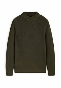 Maglione lavorato a maglia verde oliva con collo alto, texture a costine e maniche lunghe con orlo dritto sul fondo.