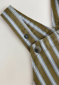 Olivgrüner und hellblau gestreifter Stoffriemen mit Metall-Druckknöpfen, Teil eines Kleidungsstücks vor neutralem Hintergrund.