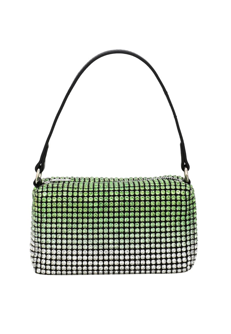 Borsa a tracolla di forma rettangolare, decorata con strass verde e argento e dotata di una sottile tracolla nera. Texture liscia e lucida.