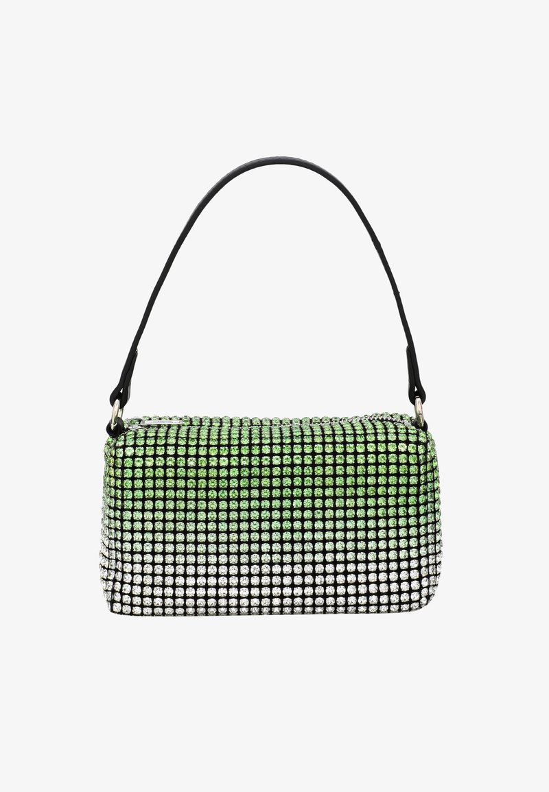 Zöld és ezüst strasszokkal díszített kézitáska, téglalap alakú, vékony fekete vállpánttal. Simaság és fényes textúra jellemzi.
