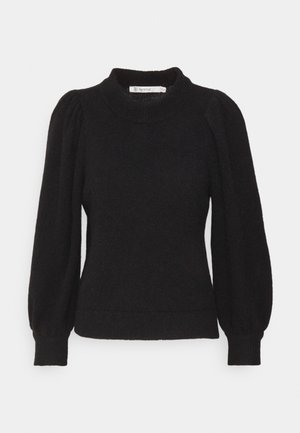 Schwarzer gestrickter Pullover mit hohem Kragen, puffigen Ärmeln und geripptem Saum. Weiche Textur mit tailliertem Design.