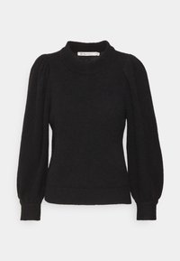 Svart stickad tröja med hög halsringning, puffiga ärmar och ribbat avslut. Mjuk textur med en figurnära design.