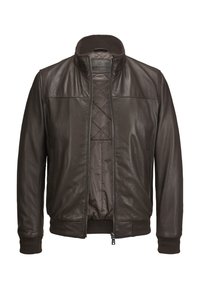 Braune Lederjacke mit Reißverschluss, gerippten Bündchen und Kragen, gefüttertem Innenfutter und zwei Seitentaschen.