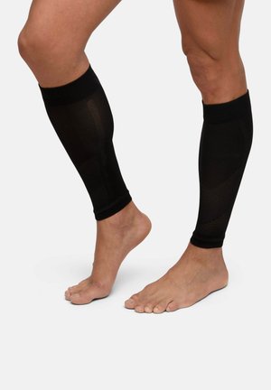 Schwarze Wadenärmeln aus einem strukturierten, elastischen Material. Leicht transparent, enganliegendes Design, das die Unterschenkel bedeckt, mit einem gerippten oberen Rand.