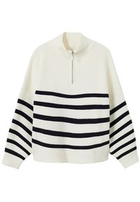 White ribbed sweater with a high collar, featuring navy horizontal stripes. Includes a half-zip closure and wide sleeves.