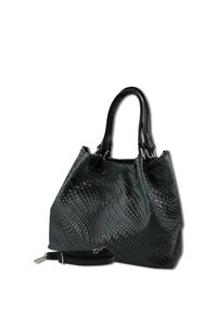 Black woven leather handbag with dual handles, a textured surface, and a removable shoulder strap. Features sleek silver hardware accents.