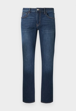 Jeans in denim blu scuro con taglio a gamba dritta, design a cinque tasche e chiusura frontale con bottoni, con una leggera scoloritura sulle cosce.