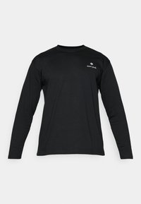 Long-sleeve black shirt made of cotton, featuring a crew neck and a small white logo on the chest for branding. Smooth texture.