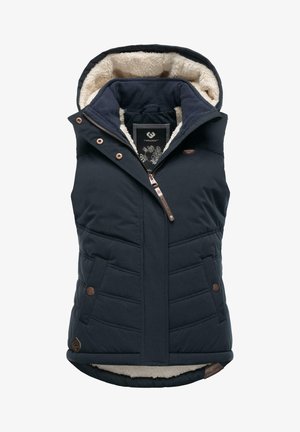 Námořnicky modrá zateplená vesta s kapucí podšitou fleecem, se zipovým zapínáním, diagonálním proševem a kovovými detaily.