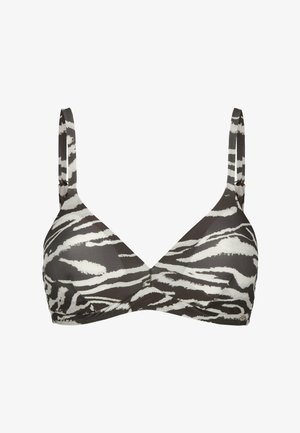 Zwart-witte zebra-print beha met verstelbare dunne schouderbandjes en voorgevormde cups, getoond op een witte achtergrond.