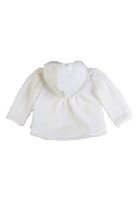 Hoodie bianco e morbido realizzato in un materiale peluche, con cappuccio, maniche lunghe e un design posteriore leggermente arricciato. Nessun motivo visibile.