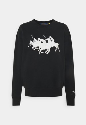 Black long-sleeve sweatshirt with white embroidery of three polo players on horses, and "POLO" text on the right sleeve cuff.