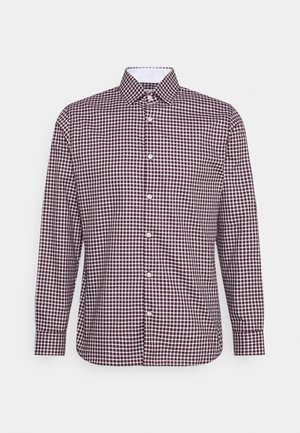 Langsleeve button-up shirt met een bordeauxrode en witte geblokte patroon, met een spread collar en witte knopen op de voorkant.