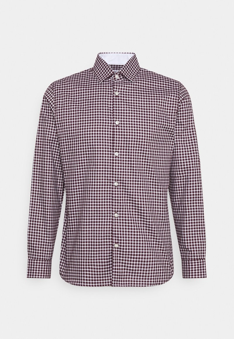 Camicia a maniche lunghe con motivo a scacchi bordeaux e bianco, colletto aperto e bottoni bianchi sul davanti.